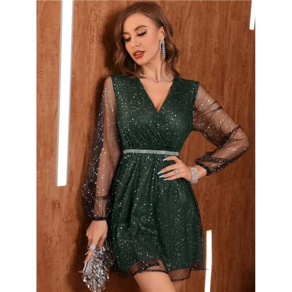 Women's Mesh Lantern Sleeve Sequin Dress - Picture 3 of 5